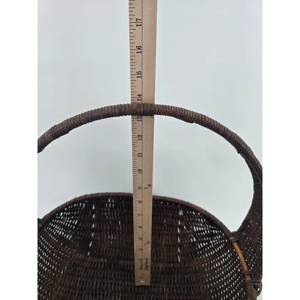 Vintage Dark Brown Woven Wicker Basket with Handle Oval Decorative Storage